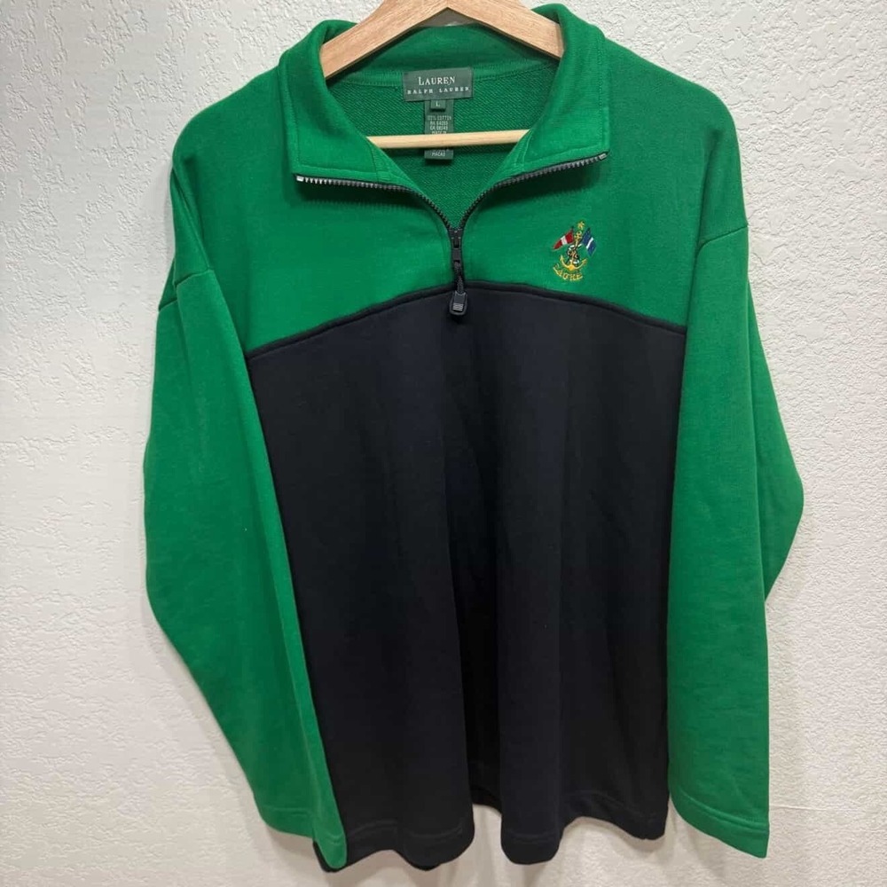 Ralph Lauren Green and Blue Color Block Quarter Zip Pullover Sweater Size‎ Large